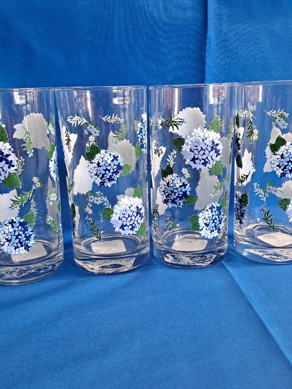 Set 4 Royal Norfolk BLUE HYDRANGEA GLASSES Flower Drink Tumblers 16 oz